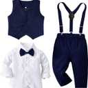 Toddler Baby Boy Clothes Suit 5Pcs Gentleman Wedding Party OutfitsFormal DressShirt+Bowtie+Vest+Suspender Pants,12M-5T (Navy Blue)