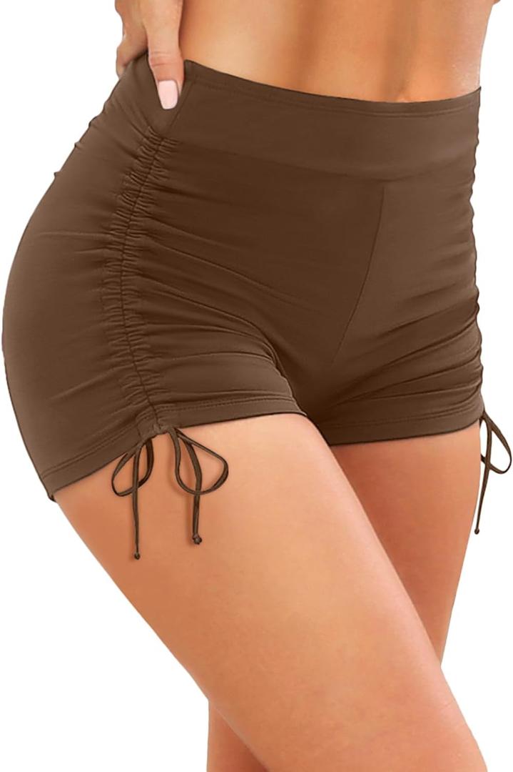 Yonique Women Swim Shorts High Waisted Swimsuit Shorts Tummy Control Bathing Suit Bottom Plus Size Boyshorts (Brown, XL)