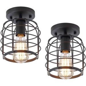 Create For Life Industrial Vintage Flush Mount Ceiling Light,Rustic Metal Cage Semi Flush Mount Ceiling Lamp Fixture for Hallway Stairway Kitchen Garage, E26, Black Finish,2 Pack