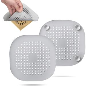 2 Pack Hair Drain Catcher, Square Drain Cover for Shower Silicone Hair Stopper with Suction Cup, Easy to Install Suit for Bathroom, Bathtub, Kitchen (Sliver Grey)