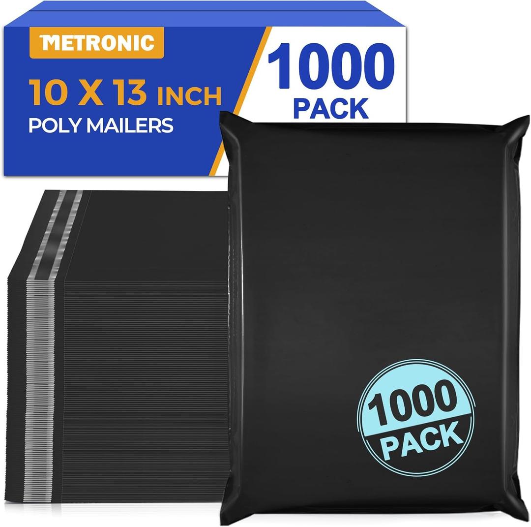 Metronic Poly Mailers 10X13 1000 Pack, Bulk Shipping Bags Heavy Duty Self Seal Waterproof Tear Weather Resistant Medium Mailing Envelopes, Packaging bags for Small Business, Boutique, Clothing, Black