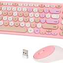 Wireless Keyboard and Mouse Combo, Retro Typewriter Keyboard with Round Keycaps, 2.4GHz USB Cute Wireless Keyboard Mouse for Computer, Desktop, Laptop and Computer (Pink-Colorful)