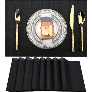 SLKQG Black Placemats Set of 8 - Easy Clean Washable Vinyl Placemats - Heat Resistant Placemats for Kitchen Table - PVC Table Mats for Dining Table (Pure Black, 8)