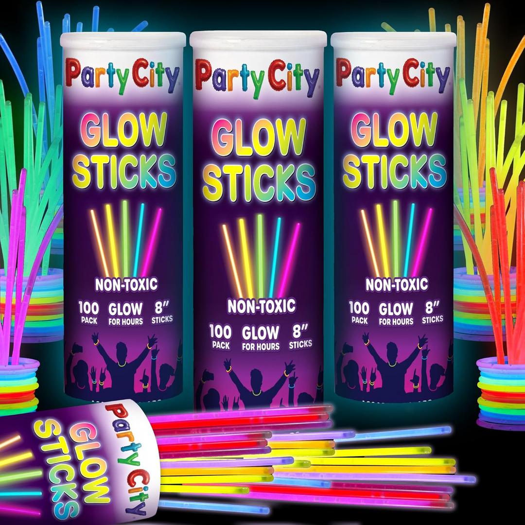 Party City 300 Glow Sticks Bulk Party Pack 8 Neon Glow in the Dark Party Supplies, Glowsticks with Connectors Bracelets & Necklaces, Light Up Favors for Kids, Adults, Birthdays, Parties, Decorations