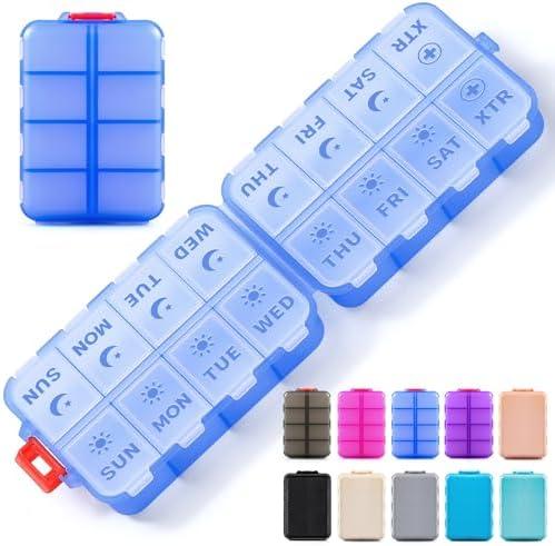 Foldable Weekly Pill Organizer 2 Times a Day with 2 Extra Compartments - Etched Labels - Portable 7 Day AM PM Medicine Box, Week Daily Travel Pill Case Holder for Meds, Vitamin, Supplement -Clear Blue