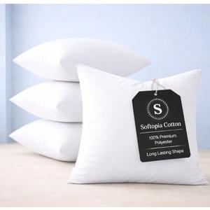 Softopia Cotton Throw Pillow Inserts (Pack of 4, 12"x12", Polyester) - Small Square Cushion Stuffers, Soft Decorative Pillow Forms, Perfect for Accent Chairs, Travel, Sofa, Couch, Living Room, White