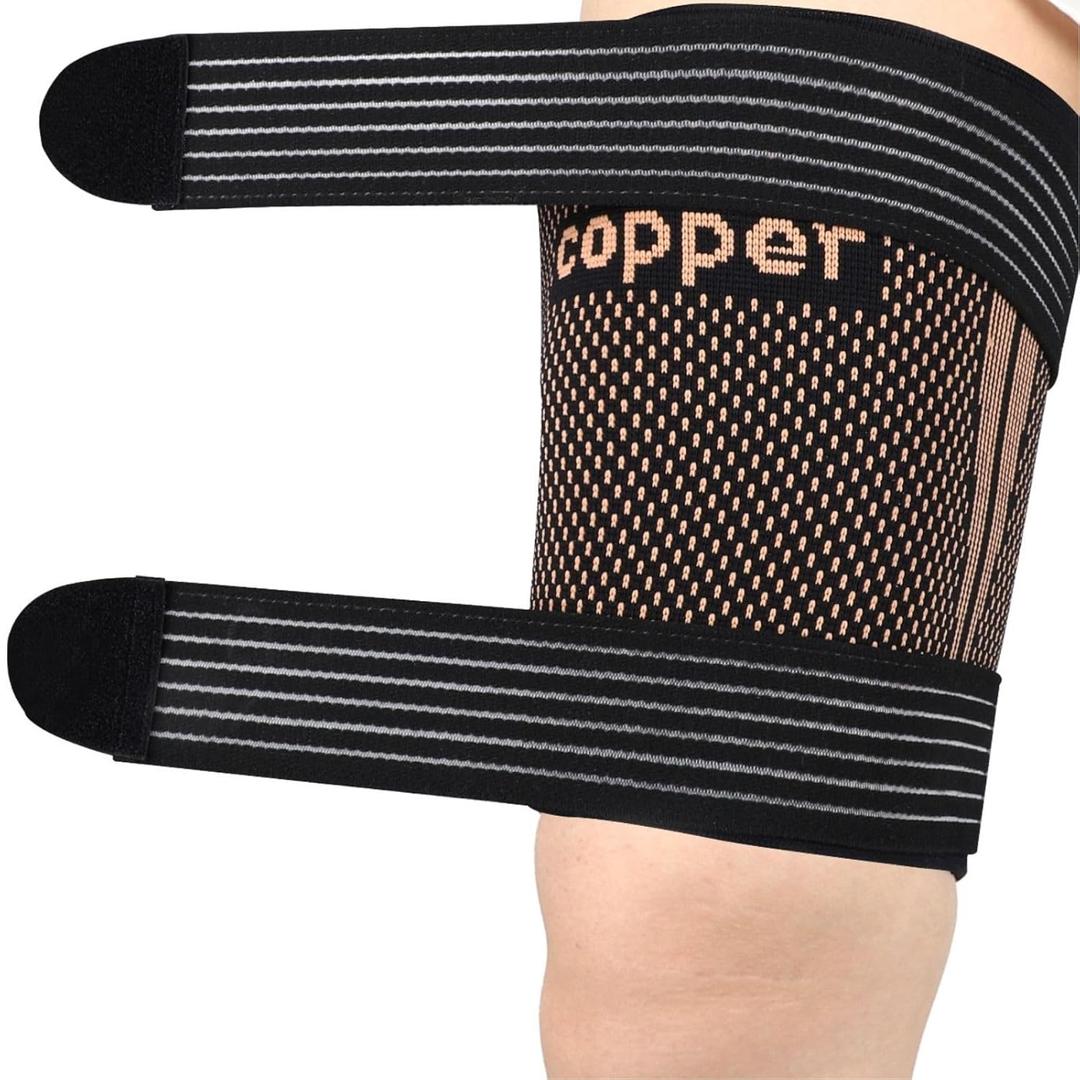Hamstring Compression Sleeves with Adjustable Straps - Copper Infused Thigh Sleeve Support for Running Recovery & Sports - Thigh Brace for Men & Women (XX-large, Gold)