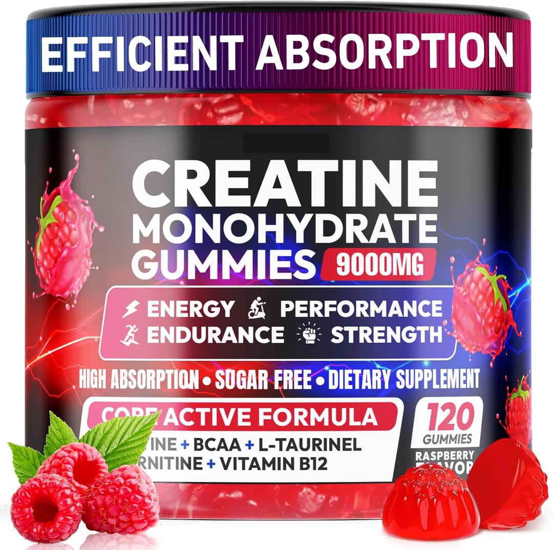 Creatine Gummies Monohydrate Complex 9000MG, Pre-Workout for Men & Women, Creatine Gummy with L-Taurine, BCAA 2:1, B12/6 for Muscle Support, Enhance Strength, Energy Boost-120 Count, Exp date: 10/27/2027