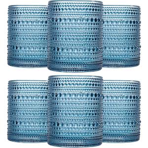 JOVGANK Blue Vintage Hobnail Drinking Glasses Set of 5, Embossed Water Tumbler 15oz, Kitchen & Bar Beaded Highball Glasses, Beverage Glass Cups for Water, Beer, Juice, Cocktail Glassware, Blue