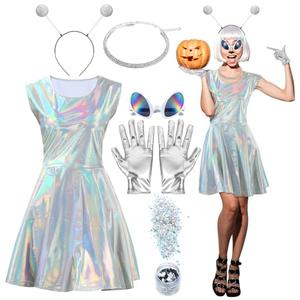 Xtinmee 5 Pcs Halloween Alien Costume Set Metallic Dress Sunglasses Necklace Headband for Girls Kids, XL