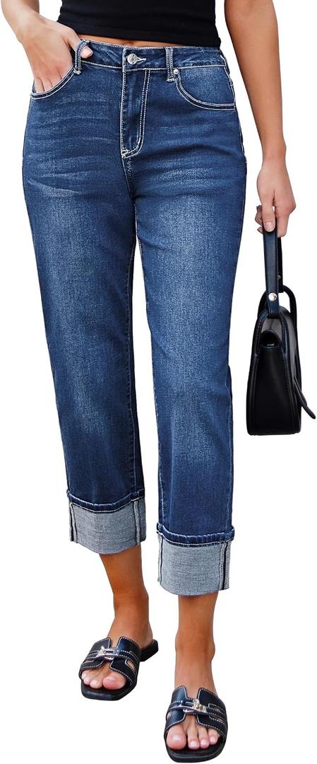 luvamia Straight Leg Jeans for Women Trendy Cropped High Waisted Cuffed Hem Stretchy Boyfriend Capri Jeans with Pockets (Blue, XXL)
