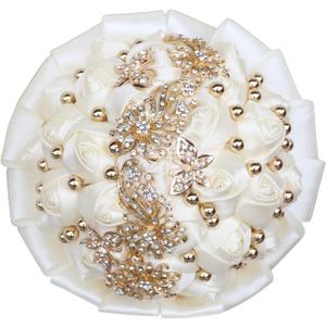 WIFELAI-A Golden Rhinestone Brooch Wedding Flowers Bridal Bouquets Crystal Bride Holding Bouquet White Ivory Satin Roses with Diamond