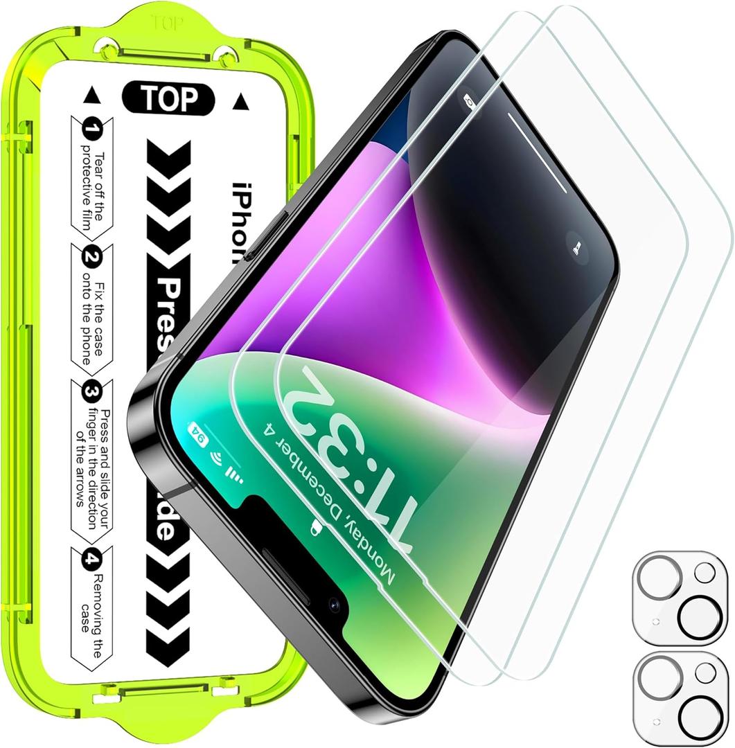 Esanik [2+2 Pack for iPhone 14 Tempered Glass Screen Protector & Camera Lens Cover - Military-Grade 9H Hardness, HD Clear, Anti-Scratch, Flawless Fit Tray
