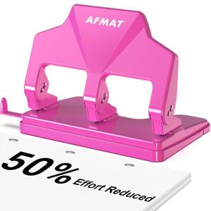 AFMAT 3 Hole Punch Heavy Duty, 40-Sheet Three Hole Punch, 50% Reduced Effort, 3 Hole Puncher for Binder w/Large Chip Tray, 9/32" Holes Diameter, Metal Paper Puncher for Home/Office/School, HP14(Pink)