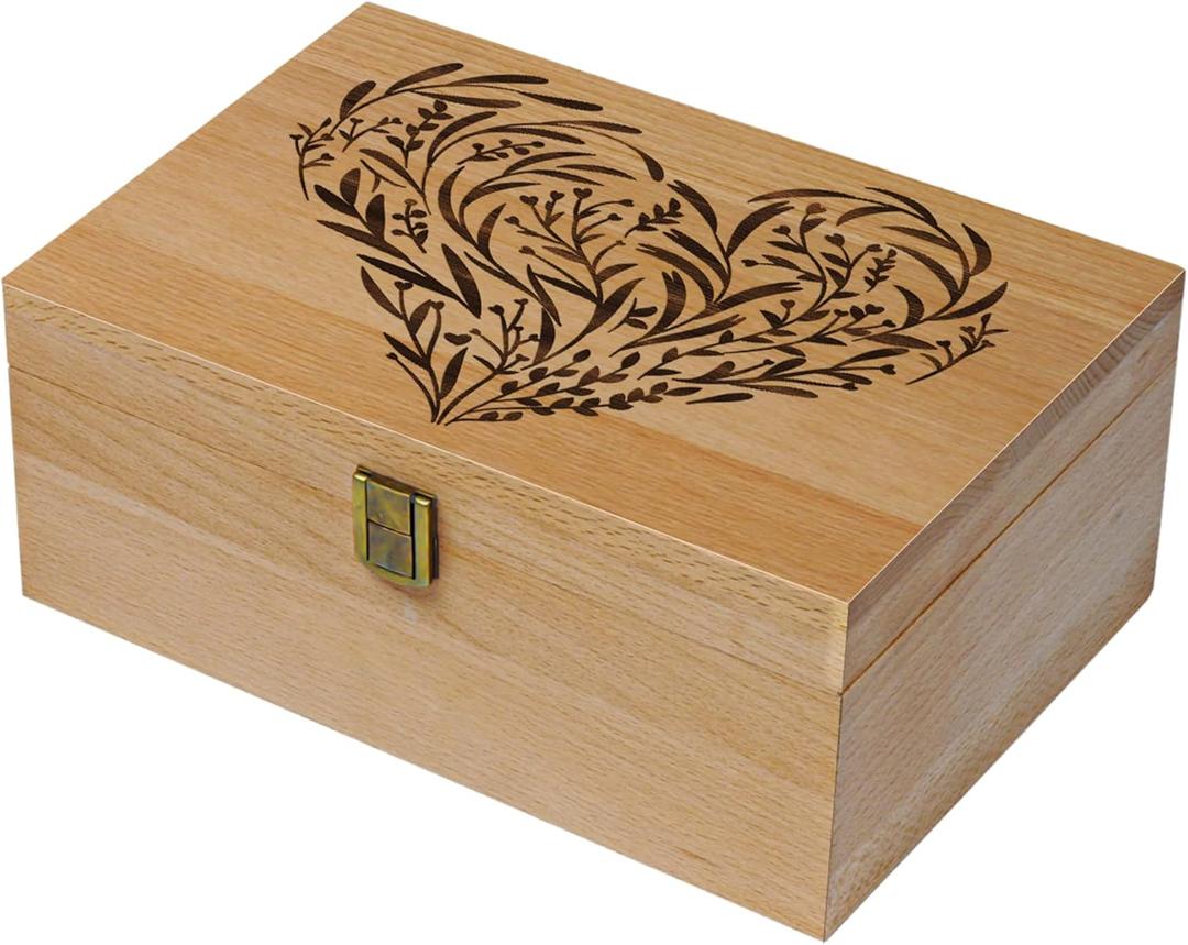 EXISTING Wooden Memory Keepsake Box, Floral Heart Engraved Large Keepsake Boxes with Lids, Memory Box Keepsakes Gift for Anniversary, Wedding, Memory, Birthday, Valentines Day, for Office or Home (9.8"L x 7.8"W x 4.1"H, Khaki)