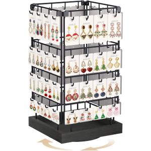 MODOWEY 360 Rotating Earring Cards Organizer Holder Stands for Selling Vendors, 64 Hooks Jewelry Display Tree, Large Capacity Storage Wood Rack Tower Women Dresser Stud Pierced, Black