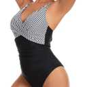 Womens One Piece Swimsuits Tummy Control Bathing Suit Slimming V Neck Front Cross Ruched Swimwear (Black)