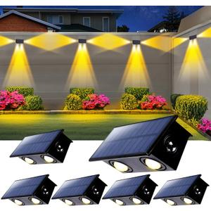6 Pack 3-Side Solar Fence Lights Outdoor Waterproof with Warm White LED Spot Lens, for Wall, Deck, Patio, Yard, Rail, Garage, Pool, Designed for Enhanced Security, Easy Install