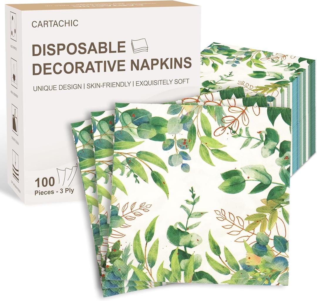 100PCS Paper Eucalyptus Decorative Napkins Disposable Green Botanical Guest Hand Towels for Bathroom, Dinner, Wedding, Party, and Baby Shower A