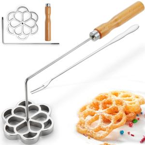 Bunuelos Mold with Handle, 304 Stainless steel Rosette Maker with Long Fork- 4" Molde Para Buuelos de Viento Moldes Mexicanos, Rosette Mold Tools Set for Kitchen Cooking (large)