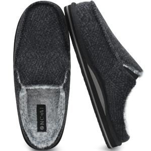 ONCAI Mens Clog Slippers with Arch Support Stripe Faux Fur Cotton-Blend High-Density Memory Foam Warm House Slippers Slip-on Indoor Outdoor Rubber Sole Size 8.5, Black
