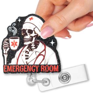 2 x Retractable Emergency Room Badge Reel with Clip, Funny Glitter Skeleton Badge Holder Gifts for ED ER Nurses Doctors Emergency Room Crew Team Night Shift Coffee Lover, Er Nurse Grad Gifts