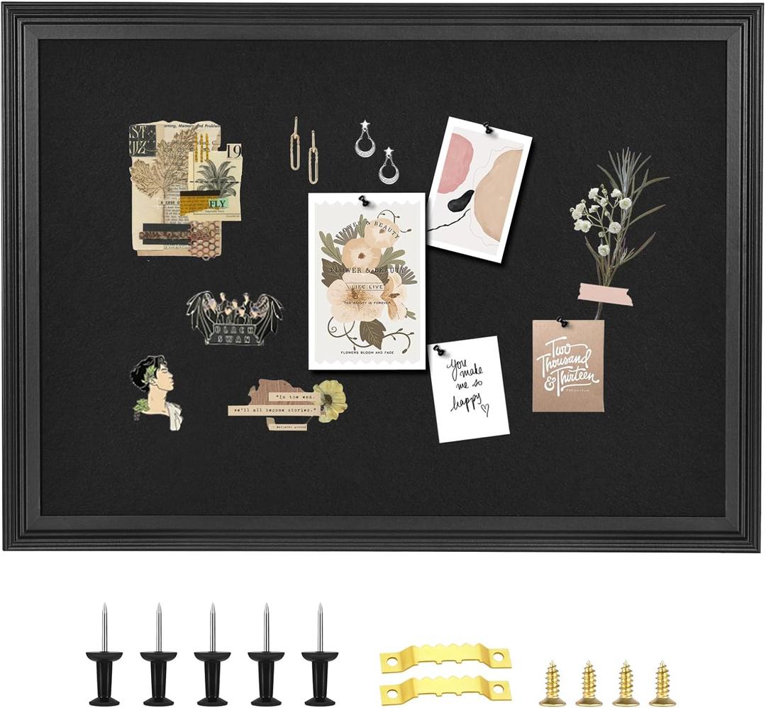 Bulletin Board with Felt, Black Wood Framed Display Bulletin Board for Walls with Pins, Eye Bolts, gaskets, Screws, Pin Board for Office, School and Home(MZB-BK,6090,1P) (approx.24x36in)