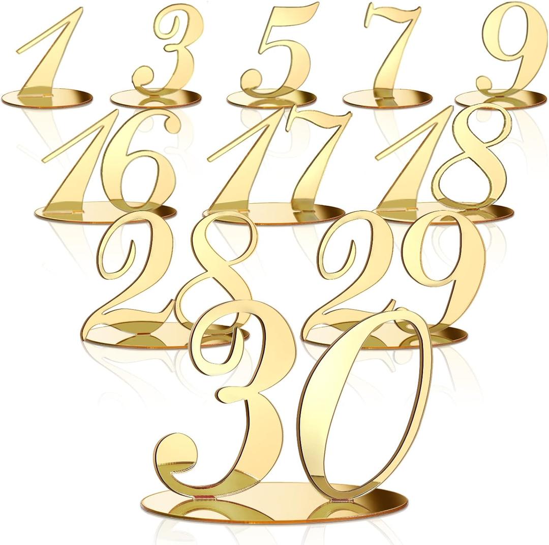 30 Pcs Gold Table Numbers Wedding Table Numbers for Reception Acrylic Banquets Tables Number with Stand Holder Elegant Mirror Tables Number for Wedding Party Birthday Anniversary Event Catering Decor
