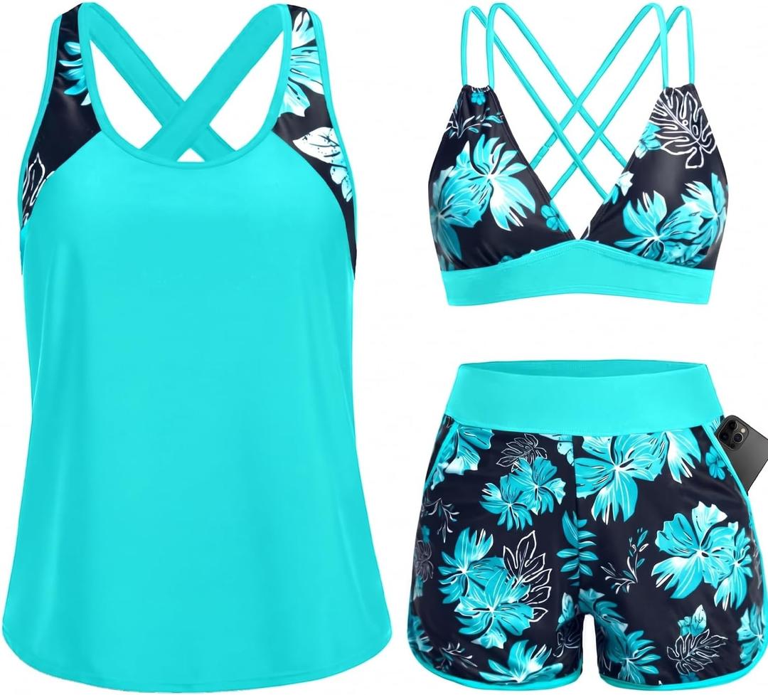 Daci Women 3 Piece Tankini Swimsuits - Tummy Control Tank Top with Bra Modest Bathing Suit with Pockets Boyshorts Bottom 2026 M
