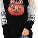 Graphic Shirts Women Pumpkin T Shirt Grateful Blessed Print Long Sleeve Blouse Leopard Striped Fall Tee (S)