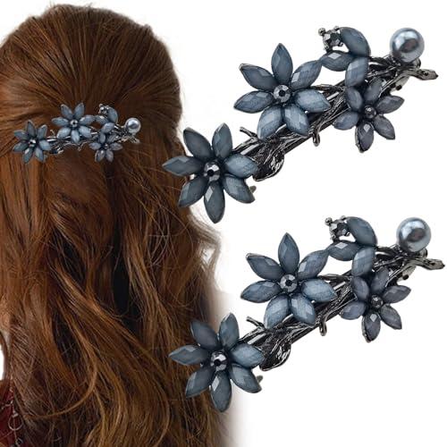 Arvintas 2 Pack Hair Clips, Ink-Blue Vintage Rhinestone Hair Clips Sparkly Crystal Clips Flower Small Hair Barrettes, Fancy Wedding Hair Accessories for Women Girls Bridal