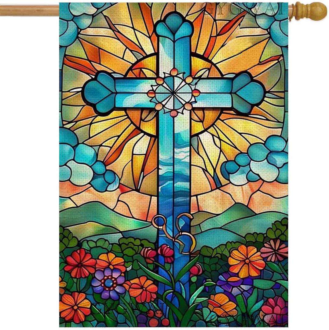 Easter House Flag 28x40 Inch Double Sided Stained Glass Large Cross Garden Flag Burlap Yard Flag for Outdoor Outside Holiday Decoration