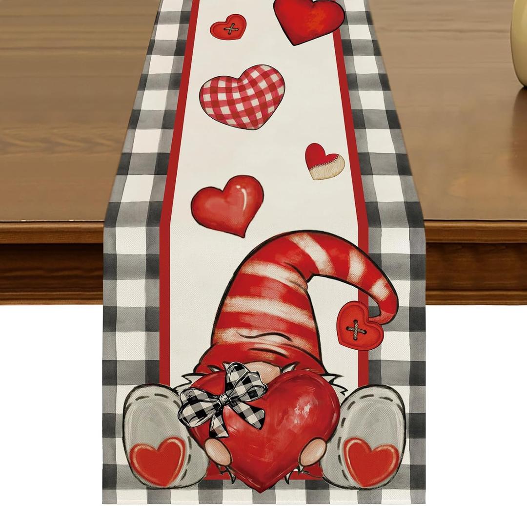 Valentines Day Gnome Buffalo Plaid Table Runner 13x72 Inch Kitchen Dining Anniversary Wedding Table Decor for Indoor Outdoor Farmhouse Home Party Decoration ZQ163