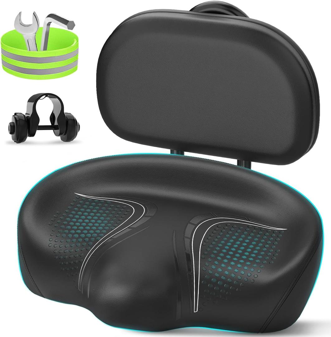BLUEWIND New Noseless Oversized Bike Seat, Wide Bicycle Saddle Novel Backrest Design for Electric Bike, Universal Fit Exercise Bike or Road Stationary Bike Seat Cushion for Men & Women