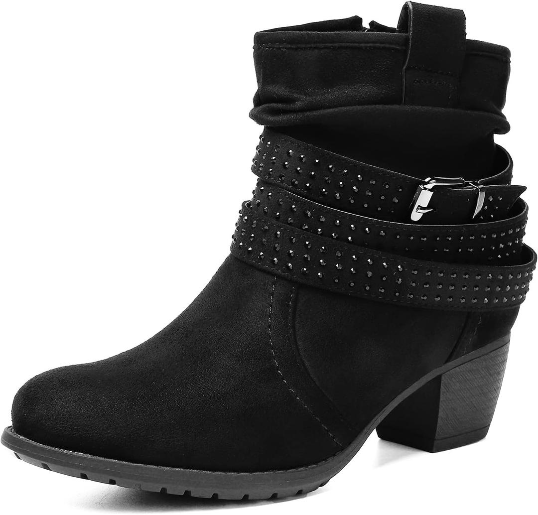 Women's Mid Calf Boots,Round Toe Comfort Low Heel Slouchy Dress zip booties with Jeweled strap (6, Black1)