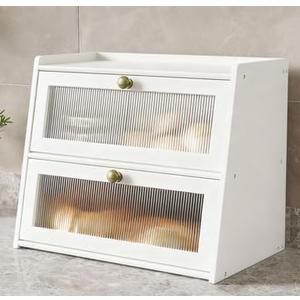 Double Layer Large Bamboo Bread Box for Kitchen Counter, Wooden Large Capacity Bread Storage Bin with Window Bread Holder (White)