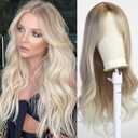 Esmee Long Curly Blonde Wig for Women Synthetic Hair with Bangs Wave Wigs with Dark Roots Daily Cosplay High Density Heat Resistant Use-26Inches