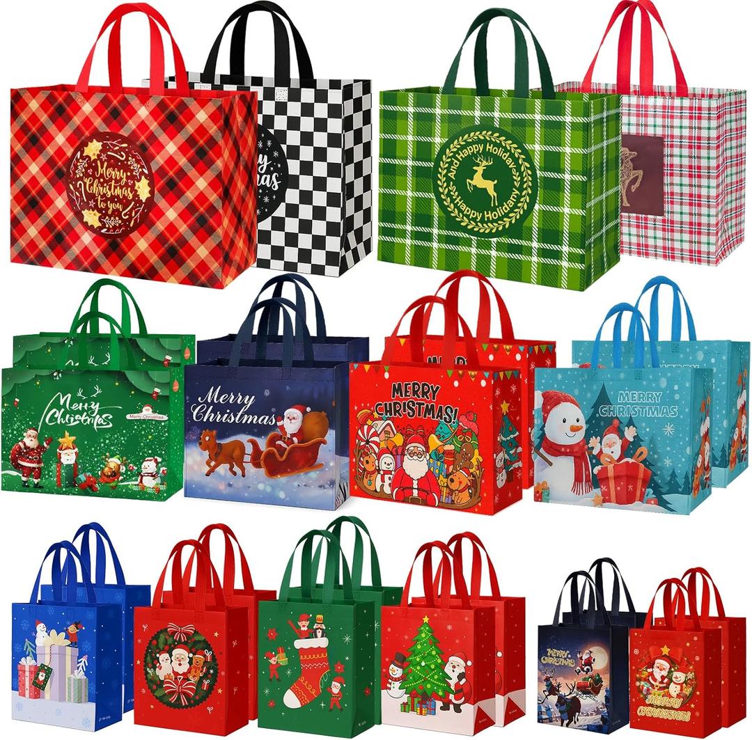 habgp Christmas Gift Bags Assorted Sizes with Handle 24 Pack, Reusable Tote Gift Bags Includes 4 Extra Large, 8 Large, 8 Medium, 4 Small, Non-Woven Christmas Bags for Gifts Xmas Party Holiday Favors