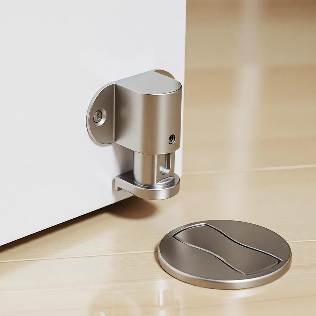 1 Pack Magnetic Door Stopper  Adjustable Magnetic Door Stop for Bottom of Door, Floor Mount Magnet Door Holder with Nail-Free Glue Included, No-Drilling (Sivler) (Silver)