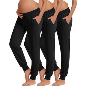 Sweetyweee 3 Pack Women's Lounge Maternity Pants, Casual Joggers Underbelly Pregnancy Sweatpants with Drawstring and Pockets(Black, Black, Black,Large)