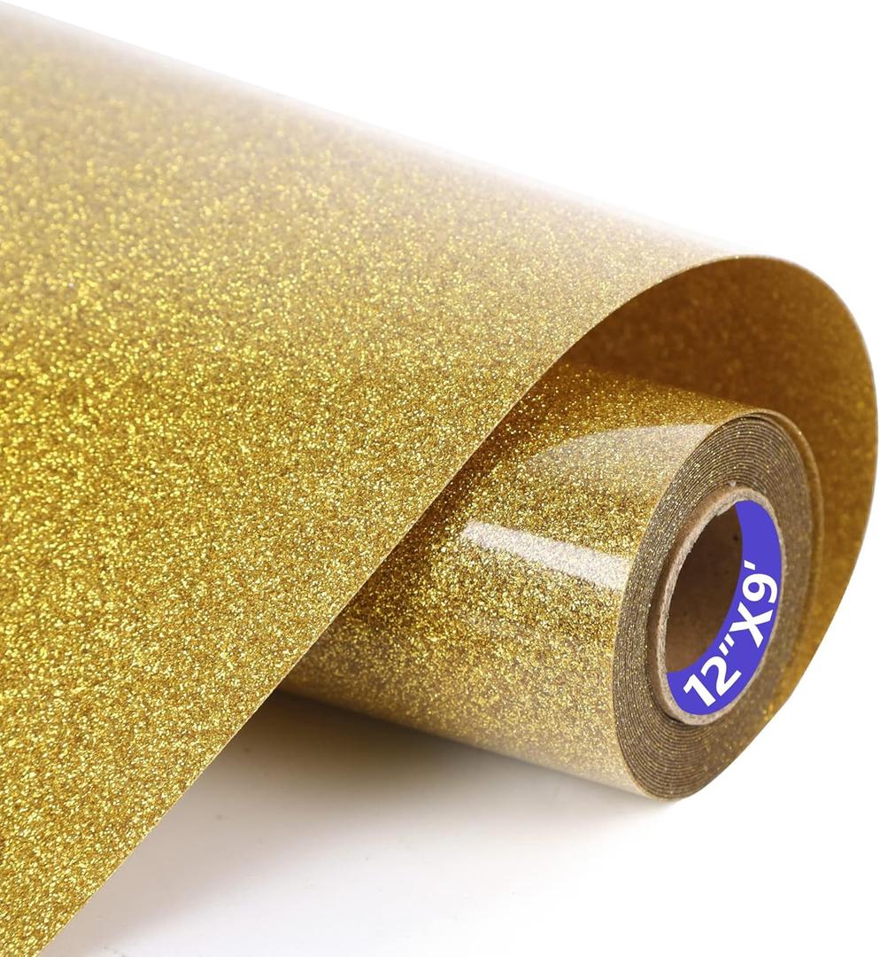 HTVVETUR Glitter Gold Heat Transfer Vinyl - 12" x 9ft Glitter HTV Rolls for Shirts, Iron on Vinyl for Cameo - Easy to Cut & Weed (J006-9ft)