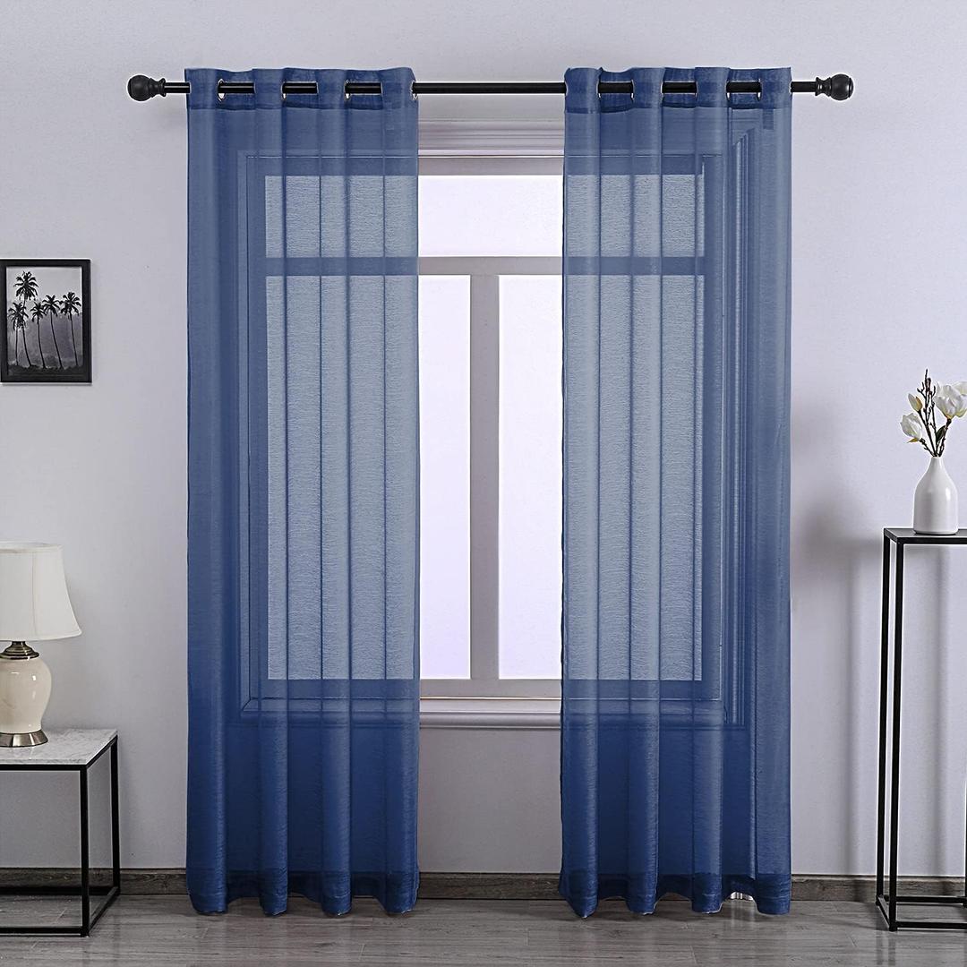 DONREN Dark Blue Sheer Curtains 84 Inches Long for Bedroom - 2 Pack Eyelet Top Voile Semi Sheer Drapes See Through Window Curtains for Living Room Navy Blue