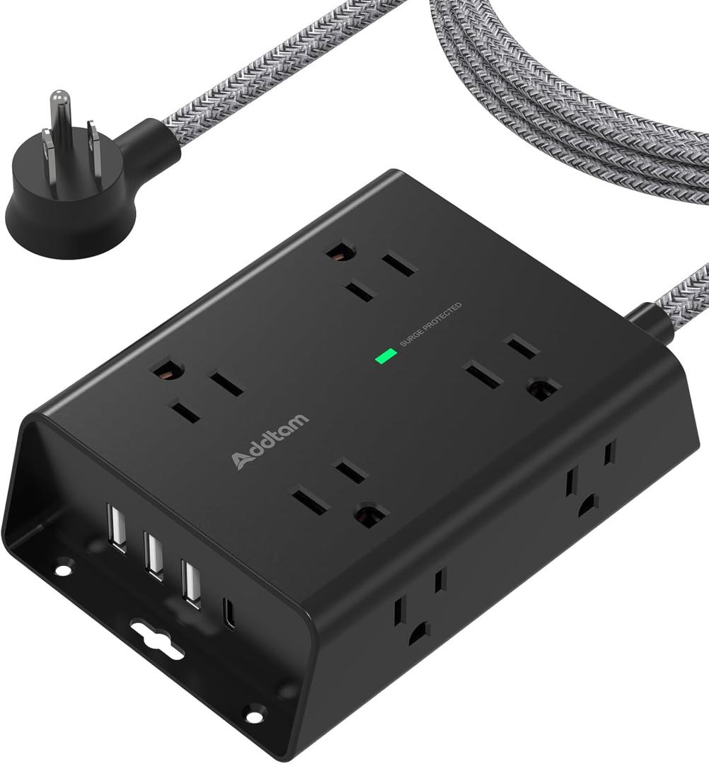 Surge Protector Power Strip, 8 Widely Outlets with 4 USB Ports(1 USB C Outlet), Addtam 3-Side Outlet Extender Strip with 5Ft Extension Cord, Flat Plug, Wall Mount for Dorm Home Office, Black
