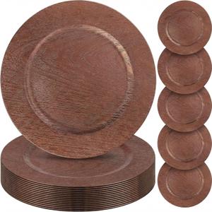 Mifoci 100 Pcs Faux Wooden Charger Plates 13 Inch Round Rustic Plastic Plates Antique Design Bulk Decorative Chargers for Dinner Tray for Wedding Dinner Table Farmhouse Party Event (Brown), about 13 x 13 inches