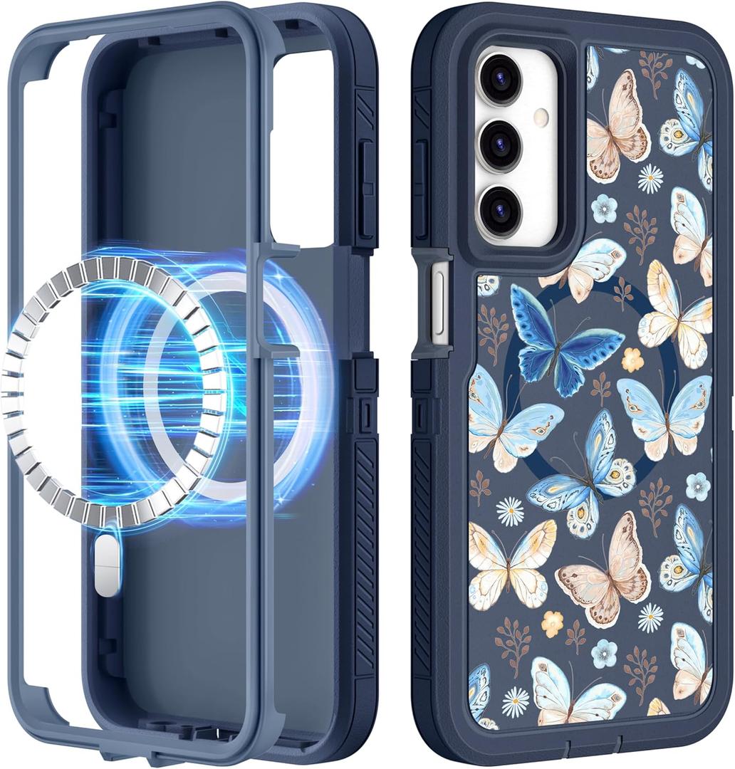for Samsung Galaxy A15 5G Phone Case - Compatible with MagSafe Women Girls Cute Magnetic Protective Cover Blue Butterfly Girly Design Heavy Duty Shockproof for Samsung A15 5G Case 6.5"