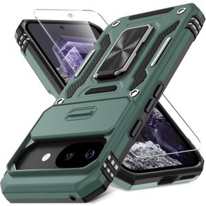 DEERLAMN Case for Google Pixel 9A with Slide Camera Cover+Screen Protector (1 Pack), Rotated Ring Kickstand Military Grade Shockproof Protective Cover-Green