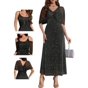 BeryLove Women Sequin Formal Party Dress Sparkly Cocktail Evening Prom Gown Wedding Guest Dresses with Shawl 0033 Black L