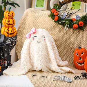 GlikCeil Halloween Ghost Theme Pillow with Pink Bow 11.8 Inch Ghost Cute Pillow for Women Adorable Soft Throw Pillows Halloween Party Cozy Spooky Home Cushions for Sofa Indoor Decoration