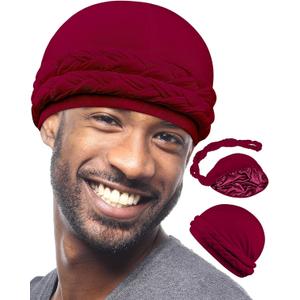 Babalet Halo Turban for Men Women Satin Lined Durag Skull Cap Pre-Tied Handmade Braids Tail Beanie Sleeping Bonnet, Burgundy (One Size), 2Pcs