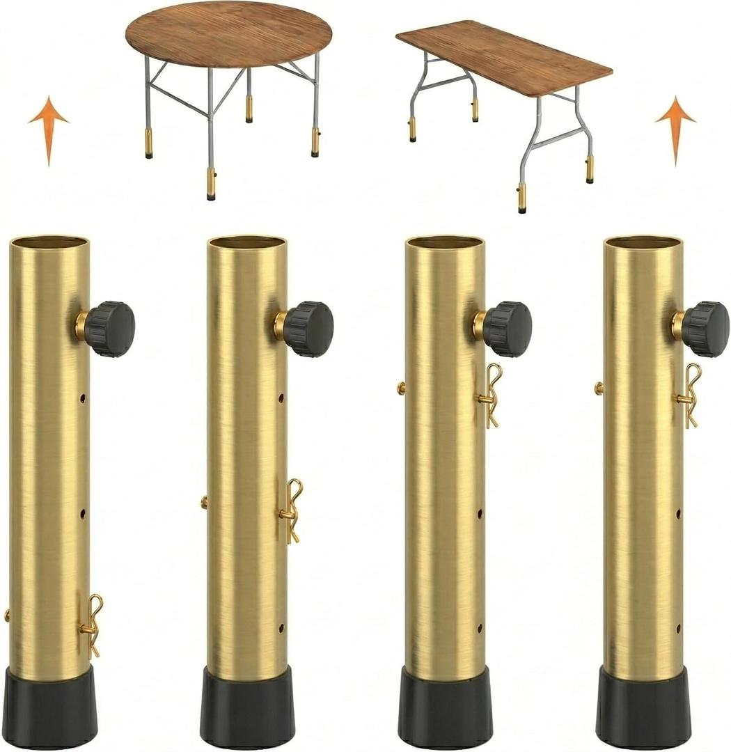 Pintuson Gold Table Leg Extenders (4 Pack) - Adjustable 2, 4, or 6 Inch Heavy Duty Steel Risers for Folding Tables - Anti-Wobble Height Extension for Straight & Bent Legs, Sewing, and Standing Desk